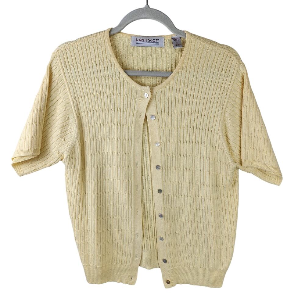 Karen Scott Yellow Sweater Short Sleeve Buttoned Large